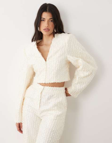 ASOS LUXE boucle cropped ovoid sleeve blazer in cream (part of a set) - view 1