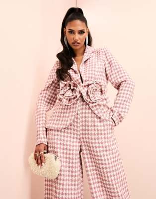Shop ASOS LUXE boucle dogtooth blazer with corsage detail in pink and Online – Trendy & Affordable Fashion