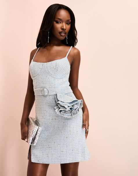 ASOS LUXE boucle mini dress with corsage detail in blue 