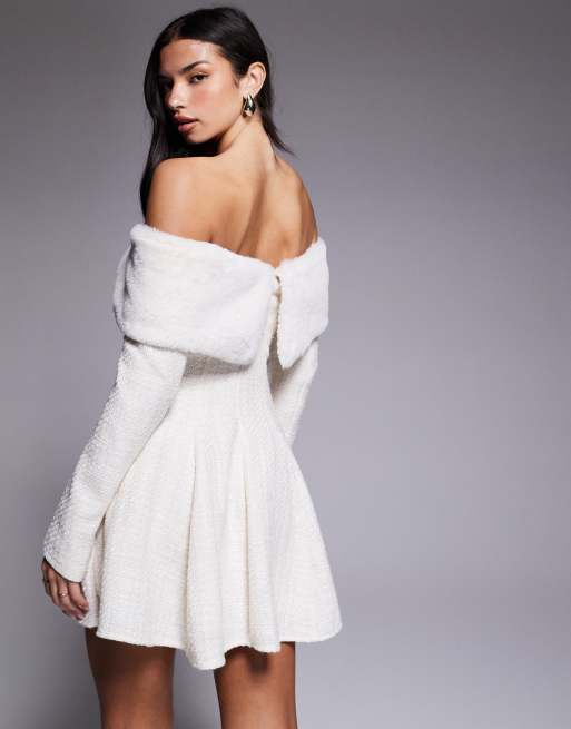 ASOS LUXE boucle mini dress with faux fur trim in cream