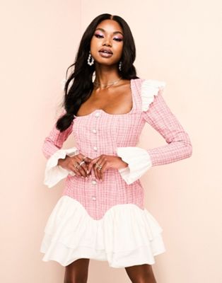 ASOS LUXE boucle mini dress with poplin tiered skirt in pink