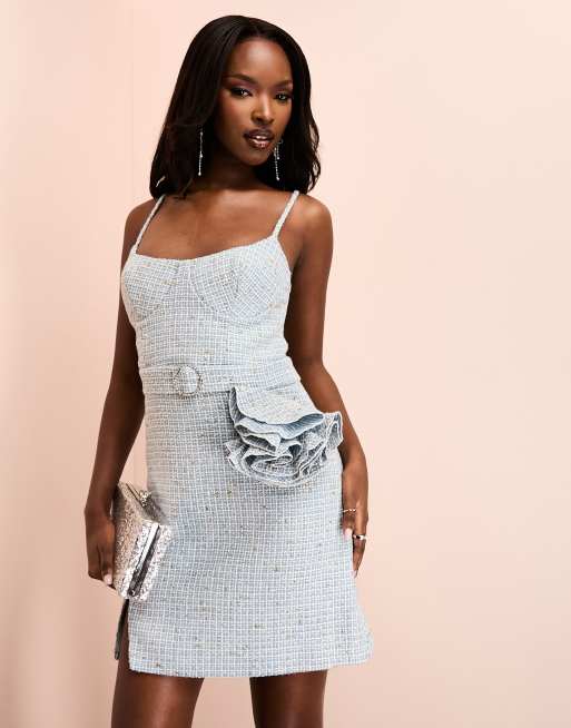 ASOS LUXE Boucle co ord set van mini jurk en blazer met corsage in blauw ASOS