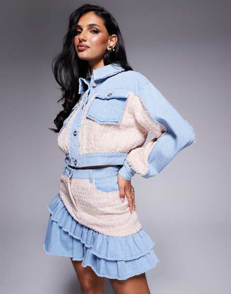 ASOS LUXE boucle mix co-ord denim bomber jacket in mid wash blue - view 1