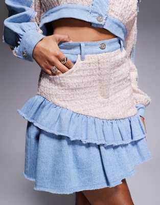 ASOS LUXE boucle mix co-ord denim ruffle mini skirt in mid wash blue
