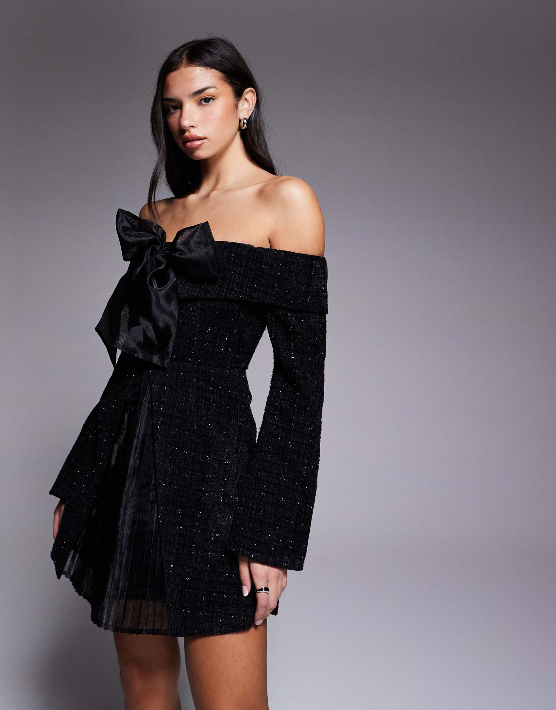 asos luxe boucle off the shoulder mini dress with pleated skirt and bow in black