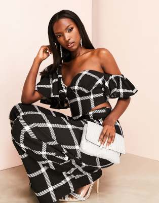 ASOS LUXE boucle one shoulder corset crop top in black - part of a set
