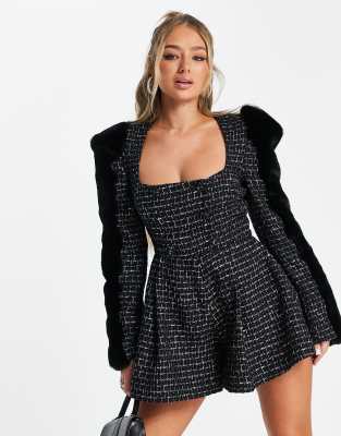 ASOS DESIGN ribbed square neck long sleeve unitard romper in stone