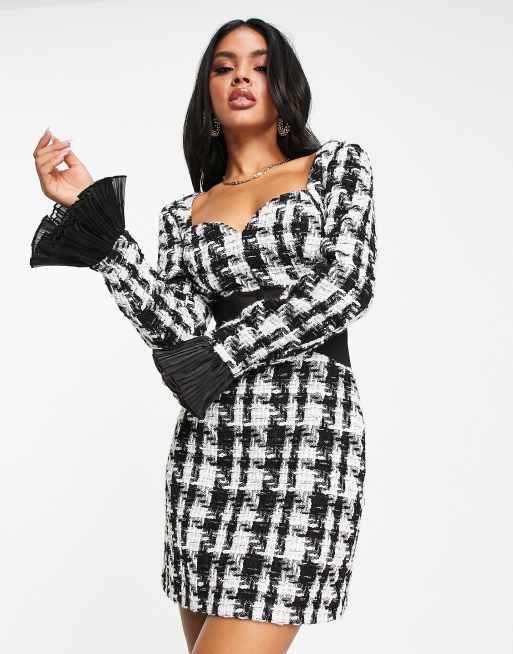 Houndstooth Square Neck Double Button Belted Dress