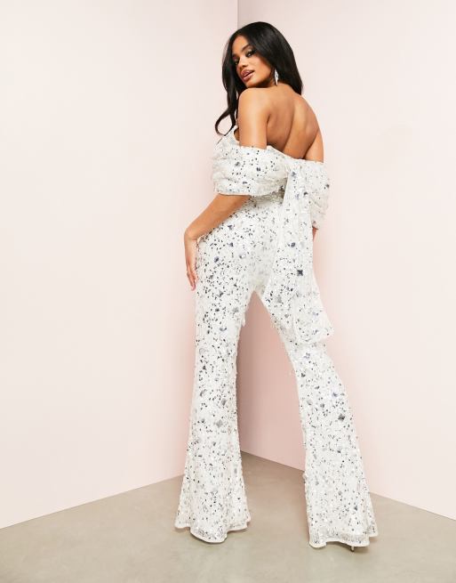 White store jumpsuit bardot