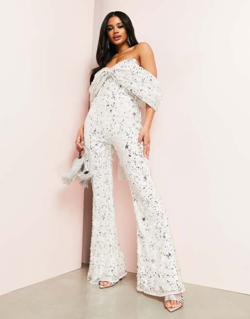 ASOS LUXE embellished sweetheart bandeau kick flare jumpsuit in