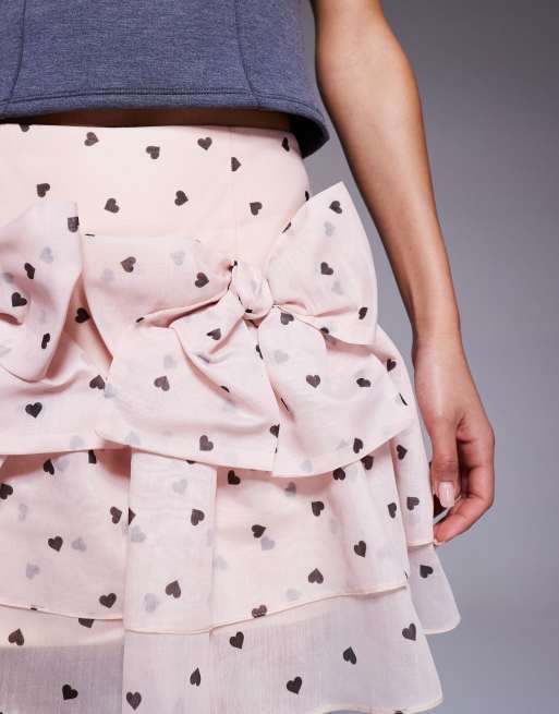 rosy monster ★ heart dot round fin skirt ASOS LUXE bow front heart print mini skirt in pink | ASOS