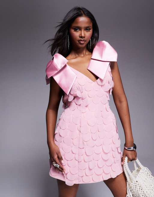 ASOS LUXE bow shoulder disc mini dress in light pink