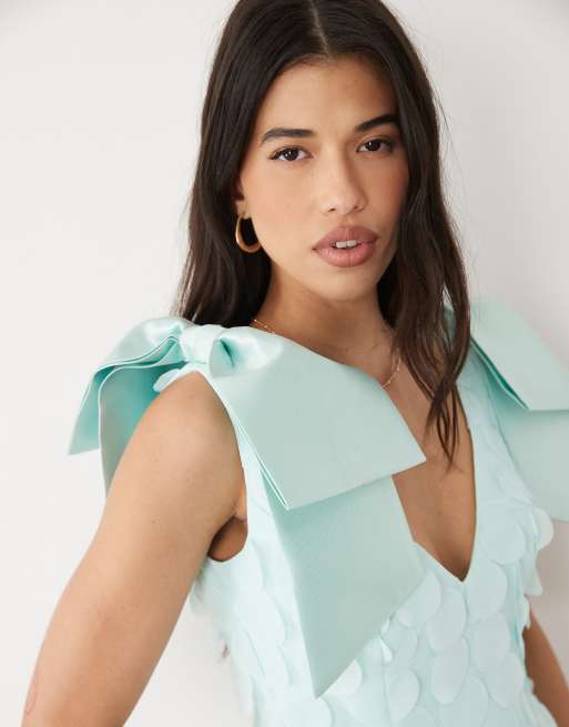 ASOS LUXE bow shoulder disc mini dress in turquoise, 4 of 4