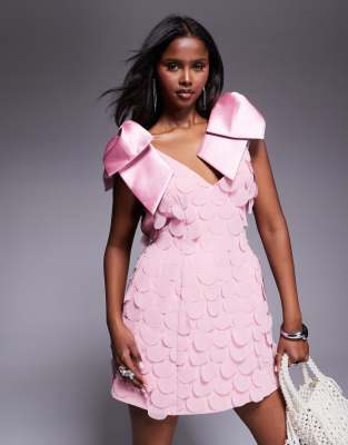 ASOS LUXE bow shoulder mini dress with paillettes in light pink