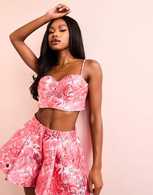 ASOS LUXE - Bralette med skåle og pink blomstermønster i jacquard - Del af sæt
