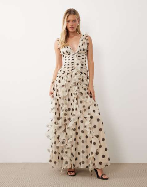 ASOS LUXE – Brązowa marszczona sukienka maxi w groszki z kaskadowym detalem - view 1
