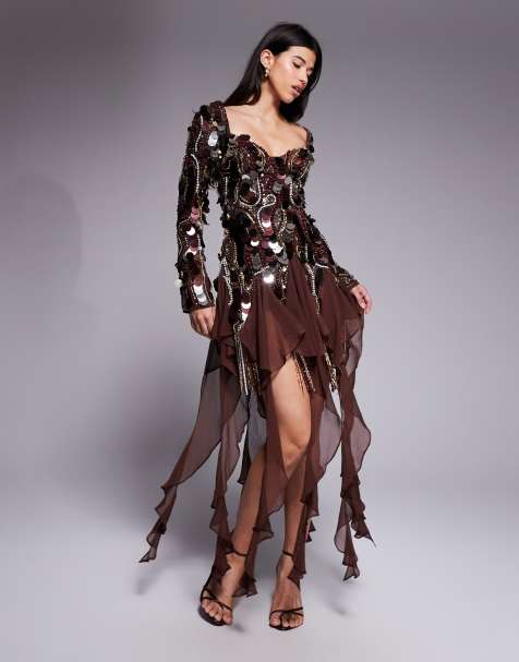 ASOS LUXE embellished chiffon trim mini dress in brown