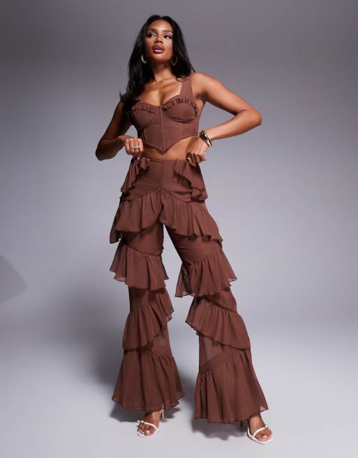 ASOS Luxe – Brązowe szyfonowe spodnie z falbankami w stylu boho, część zestawu