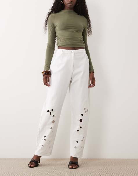 ASOS LUXE broek met laseruitsnijdingen en barrel-pijpen in wit - view 1