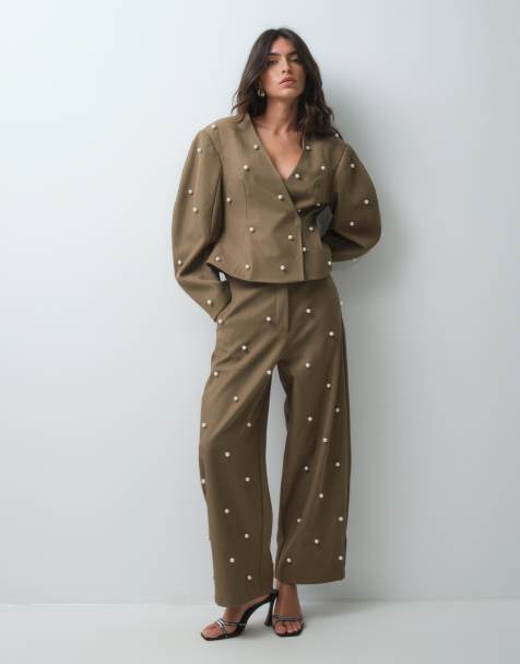 ASOS LUXE broek met parelversiering in kaki - view 1