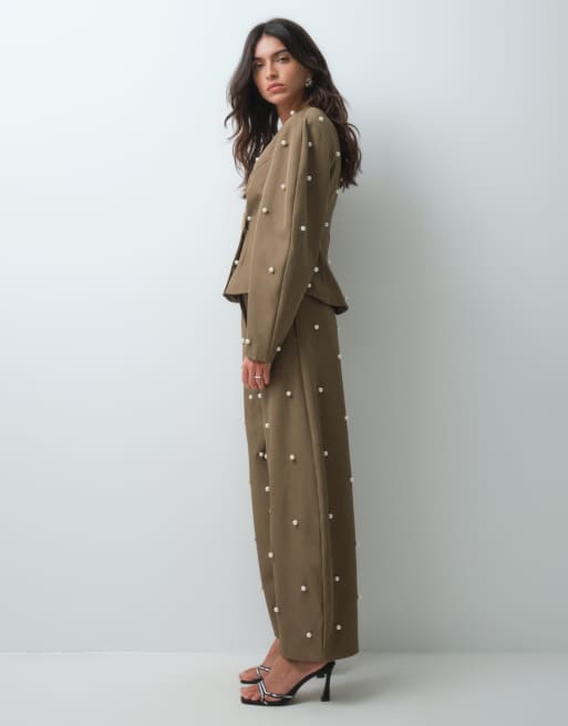 ASOS LUXE broek met parelversiering in kaki, 2 van 5
