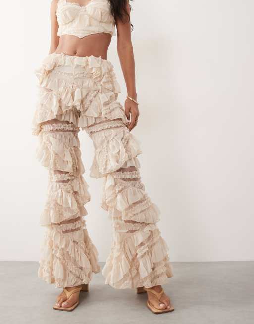 ASOS LUXE - Broek met wijde pijpen en ruches in crème, deel van co-ord set, 2 van 5