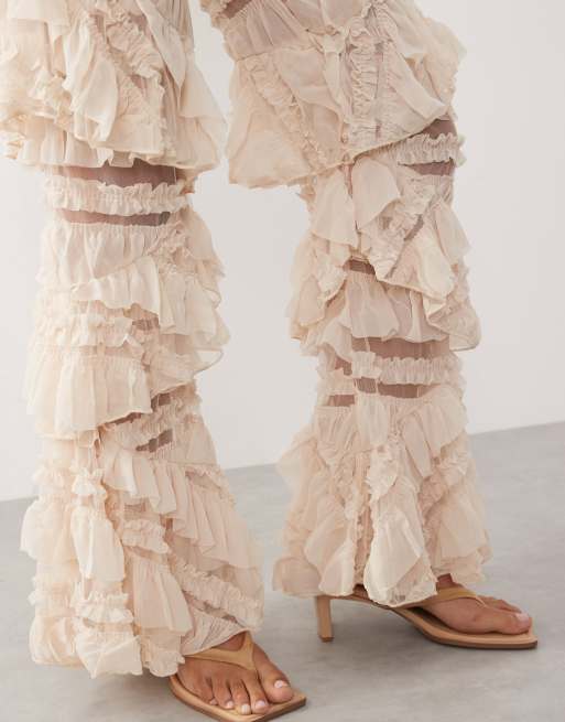 ASOS LUXE - Broek met wijde pijpen en ruches in crème, deel van co-ord set, 5 van 5