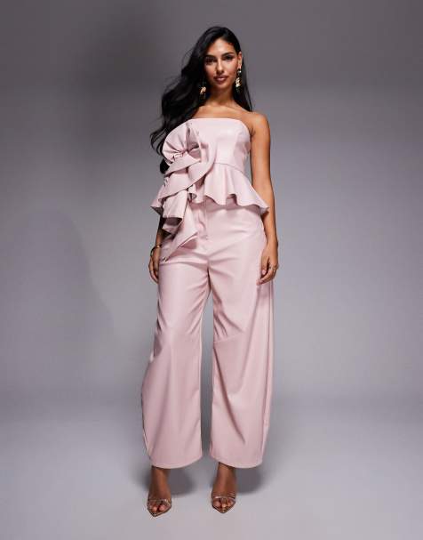 ASOS LUXE - Broek van PU met wijde pijpen en ruches in roze, deel van co-ord set - view 1