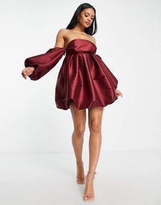 ASOS LUXE bubble babydoll satin mini dress in deep red