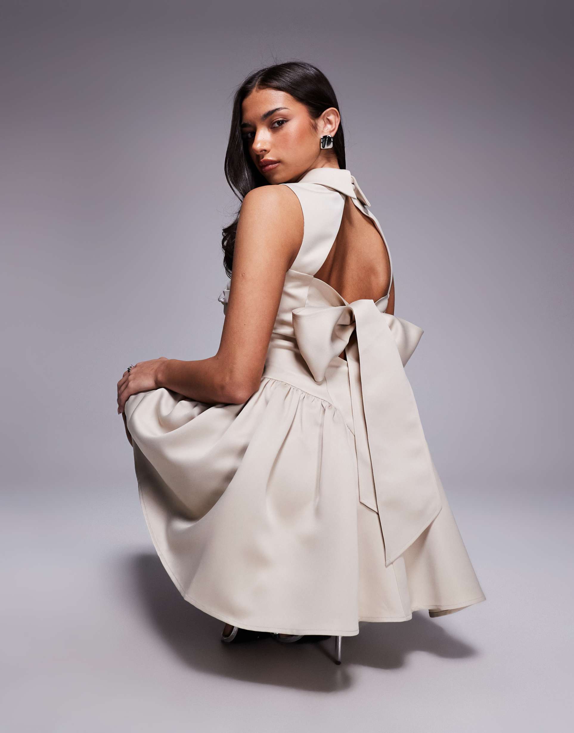 asos luxe button down collared mini dress with ruching details in stone