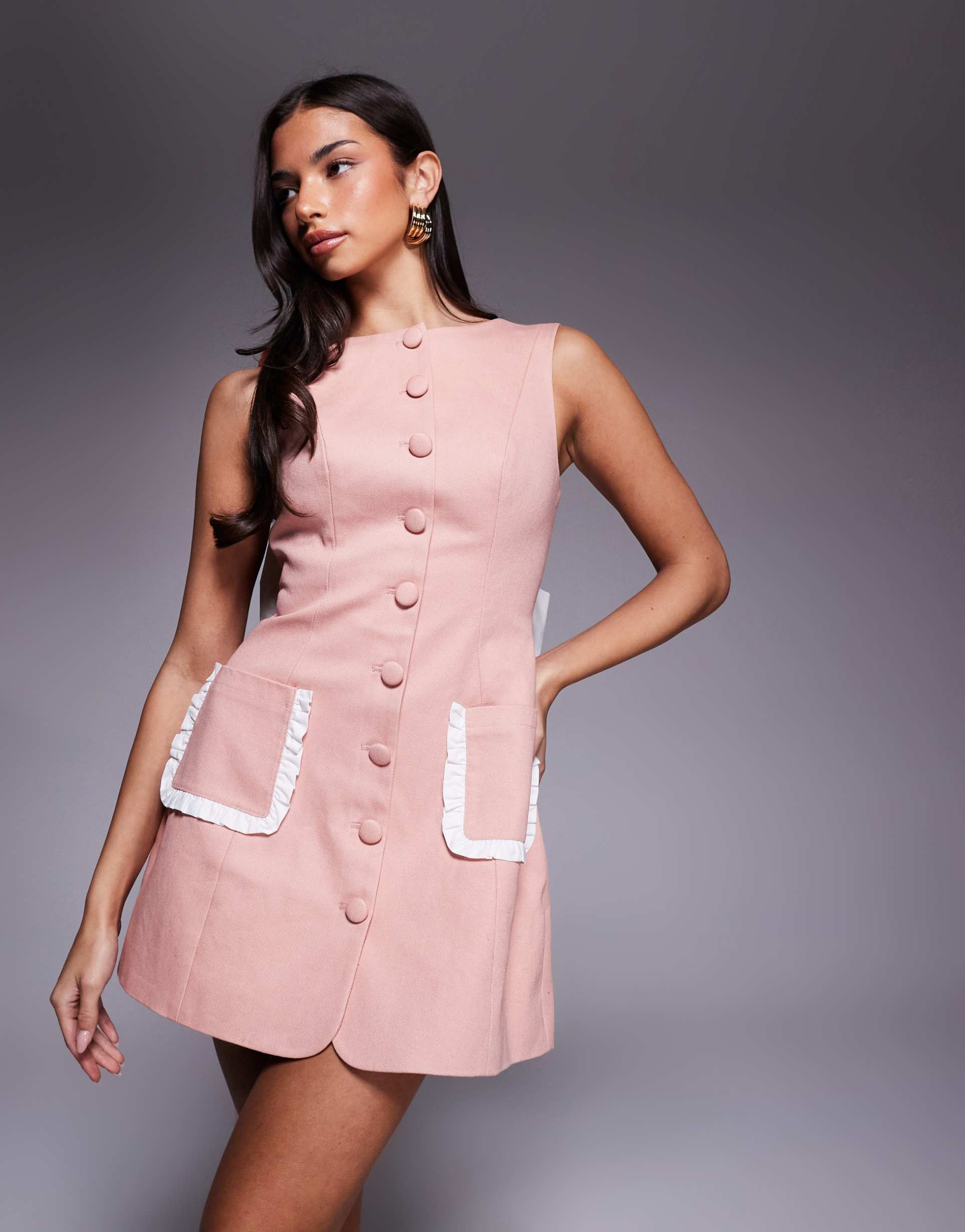 asos luxe button down mini dress with bow back in pink