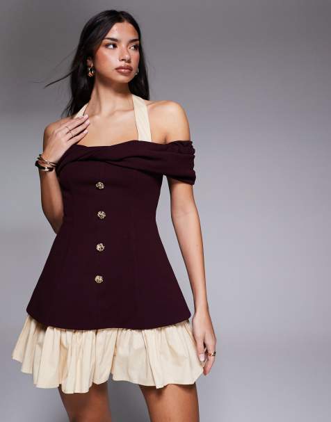 ASOS LUXE button down mini dress with halterneck detail in burgundy - view 1