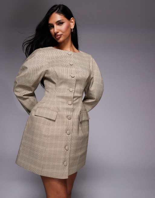 ASOS LUXE button down sculpted mini dress with cocoon sleeves in brown check, 2 of 4