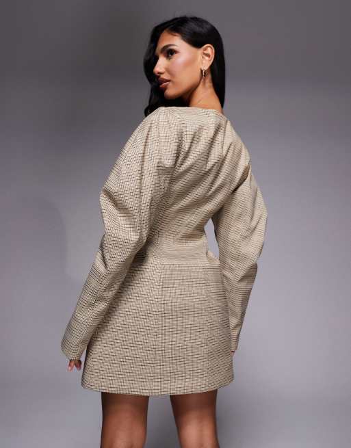 ASOS LUXE button down sculpted mini dress with cocoon sleeves in brown check, 4 of 4