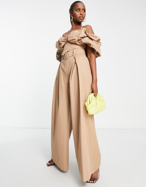 ASOS Luxe – Camelowe bawełniane spodnie z szerokimi nogawkami, część zestawu, 2 z 4