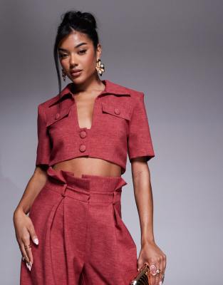 ASOS LUXE - Camicia corta a maniche corte color lampone in coordinato - view 1