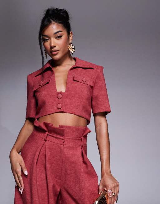 ASOS LUXE - Camicia corta a maniche corte color lampone in coordinato