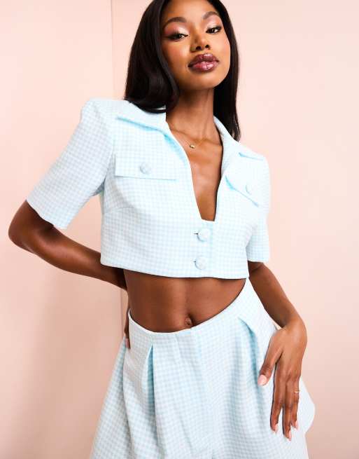 ASOS LUXE - Camicia corta sartoriale blu e bianca pied de poule in coordinato