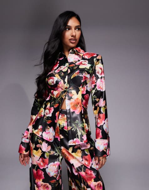 ASOS LUXE - Camicia stretta in vita in similpelle PU con stampa a fiori in coordinato - view 1