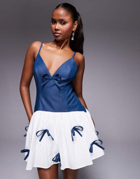 ASOS LUXE chambray mini dress with bow detail and contrast poplin skirt in blue - view 1