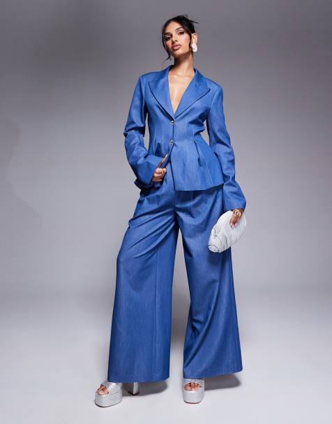 ASOS LUXE chambray wide leg tailored pants and tailored blazer with embellished cuff set in blue - view 1