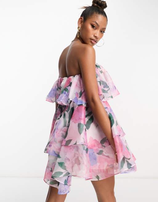 ASOS LUXE chiffon bandeau tiered mini dress in floral print