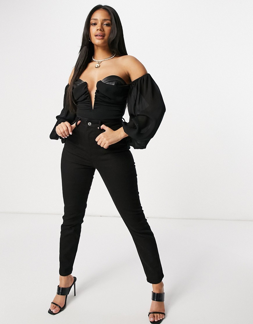 ASOS Luxe chiffon puff sleeve draped leather look bodysuit in black