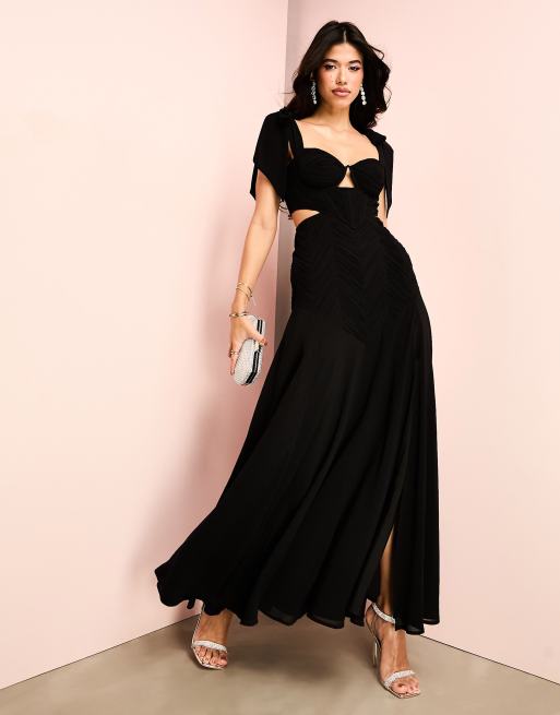 ASOS LUXE chiffon tie shoulder cupped cut-out maxi dress in black | ASOS