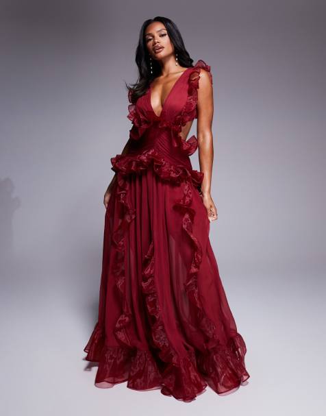 ASOS LUXE plunge maxi dress with ruched chiffon detail & open back in dark cherry