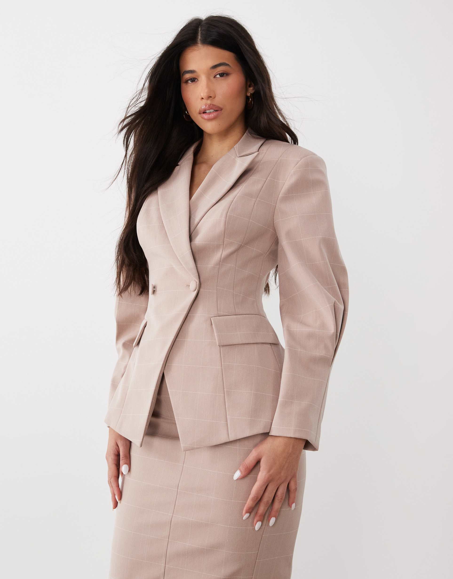 asos luxe cinched blazer in pink plaid - part of a set
