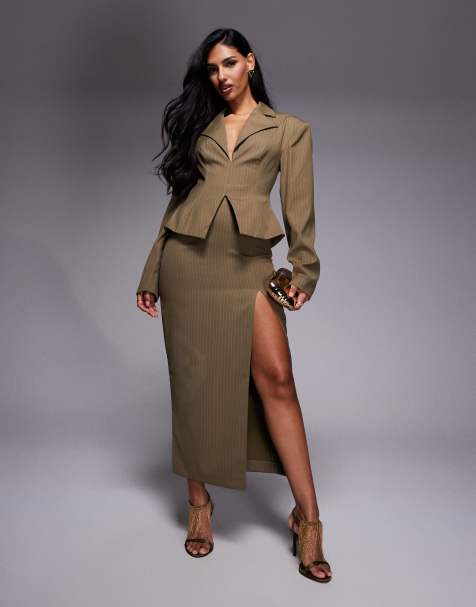 ASOS LUXE cinched blazer midi dress in khaki pinstripe - view 1