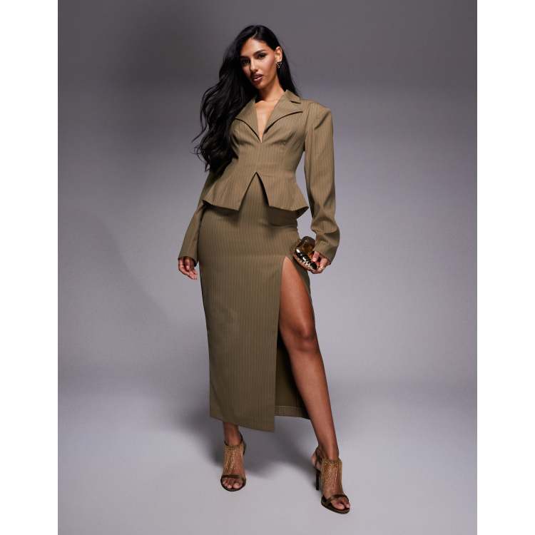 ASOS LUXE cinched blazer midi dress in khaki pinstripe | ASOS
