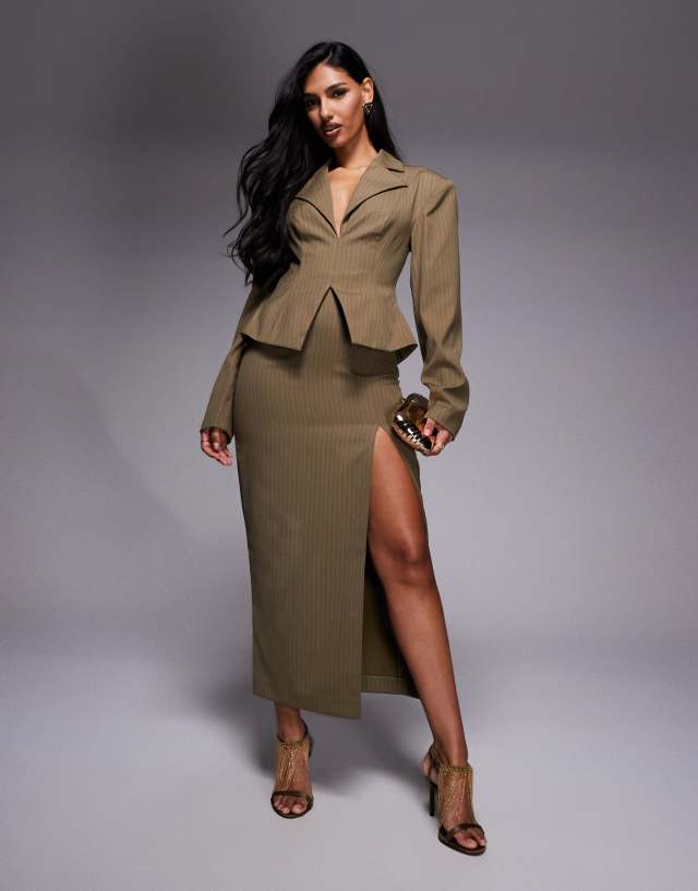khaki dress outfit for ladies ASOS LUXE cinched blazer midi in pinstripe khaki outfit dress to impress