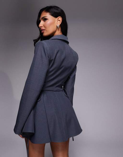 ASOS LUXE cinched blazer playsuit with tie side detail in grey, 3 of 4